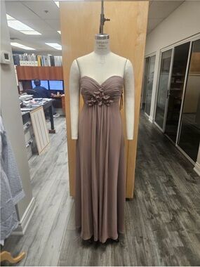 Bill Levkoff Strapless Floral-Appliqué Chiffon Gown in Taupe